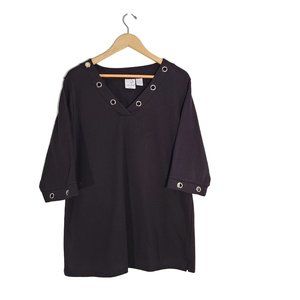 IActive Women Silver Grommet V Neck Black Blouse Size 1X 3/4 Sleeve